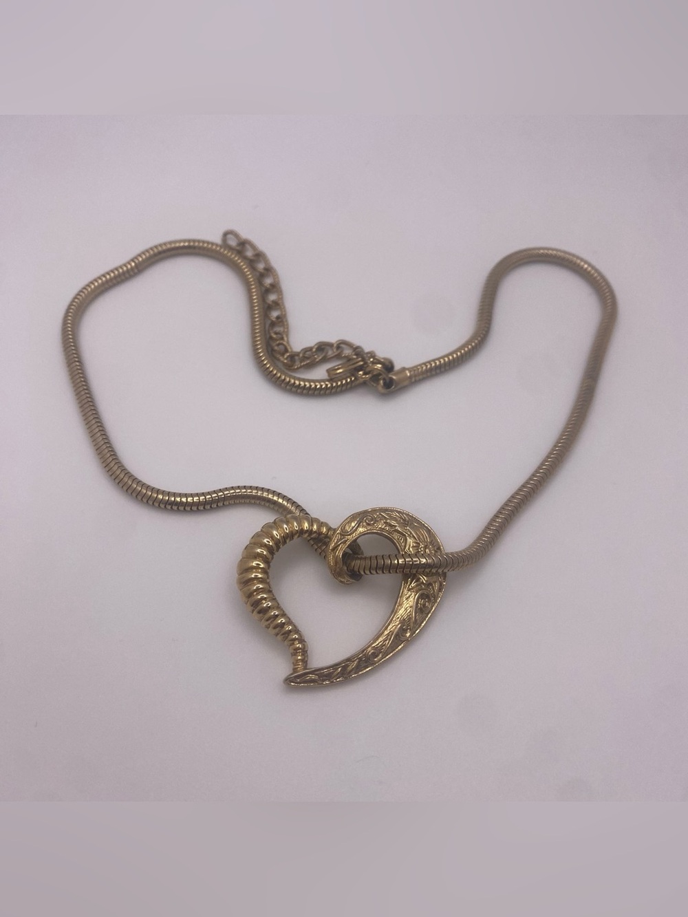 Vintage Gold Tone Ornate Heart Snake Chain Necklace
